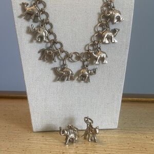 Vintage Silver Elephant Charm Necklace & Earrings Set